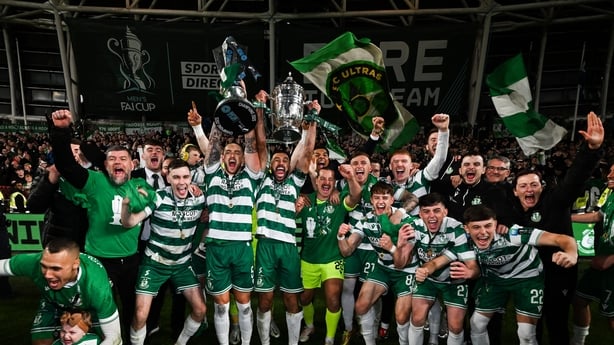 9 November 2025; Shamrock Rovers players celebrate with the FAI Cup and SSE Airtricity Men's Premier Division trophy after the 2025 Sports Direct Men's FAI Cup Final match between Shamrock Rovers and Cork City at the Aviva Stadium in Dublin. Photo by Stephen McCarthy/Sportsfile