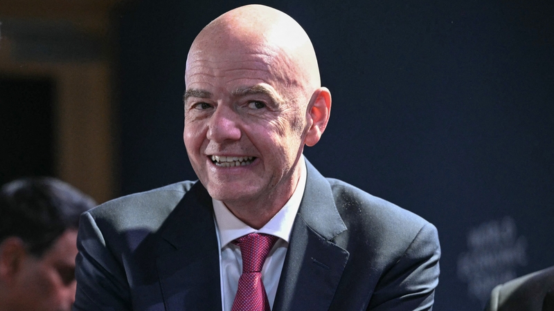 FIFA President Gianni Infantino reacts during a reception with business leaders on the sidelines of the World Economic Forum (WEF) annual meeting in Davos on January 21, 2026. The World Economic Forum takes place in Davos from January 19 to January 23, 20