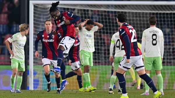 Bologna's Jonathan Rowe celebrates his equaliser to make it 2-2 against Celtic at Stadio Renato Dall'Ara