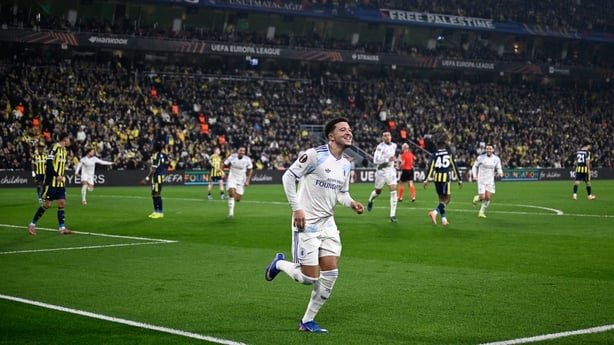 Aston Villa's English forward #19 Jadon Sancho celebrates after scoring his team's first goal during the Europa League 1st round day 7 football match between Fenerbahce and Aston Villa at Sukru Saracoglu Stadium in Istanbul on January 22, 2026. (Photo by Yasin AKGUL / AFP)