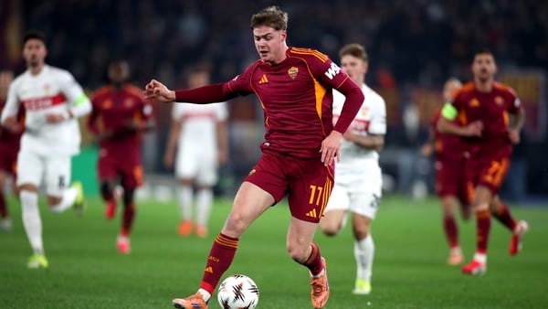 Evan Ferguson of AS Roma in action during the UEFA Europa League 2025/26 League Phase MD7 match between AS Roma and VfB Stuttgart at Stadio Olimpico on January 22, 2026 in Rome, Italy.