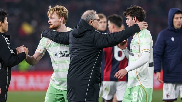 Celtic Manager Martin O'Neill hugs Liam Scales and Paulo Bernardo at full time during a UEFA Europa League 2025/26 League Phase MD7 match between Bologna and Celtic at Stadio Renato Dall'Ara, on January 22, 2026, in Bologna, Italy.