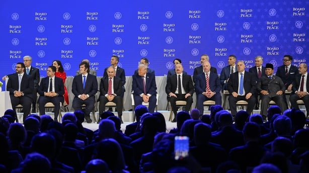 DAVOS, SWITZERLAND - JANUARY 22: US President Donald Trump, Azerbaijani President Ilham Aliyev, Moroccan Foreign Minister Nasser Bourita, Argentine President Javier Milei and Armenian Prime Minister Nikol Pashinyan, Turkish Foreign Minister Hakan Fidan and Hungarian Prime Minister Viktor Orban atten