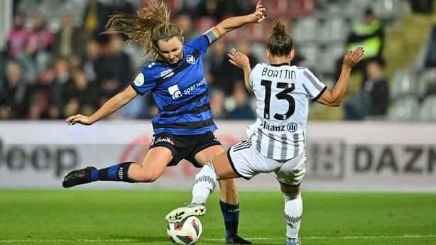 Kyra Carusa of HB Koge challenged by Lisa Boattin of Juventus during the UEFA Womens Champions League Second Qualifying Round Second Leg match between Juventus and HB Koge at Stadio Giuseppe Moccagatta on September 28, 2022 in Alessandria, Italy. (Photo by Chris Ricco/Getty Images)