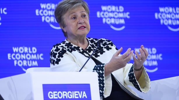 Kristalina Georgieva, managing director of the IMF, speaking at Davos with the WEF signage behind her