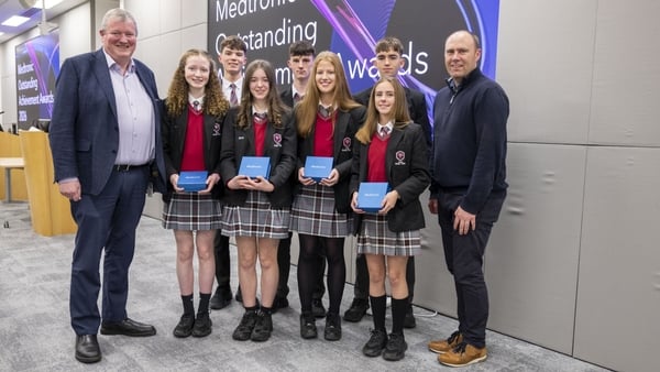 Students from Coláiste Bhaile Chláir with their principal Alan Mongey and Medtronic Site Lead Tom Shiel at Medtronic Parkmore in Galway