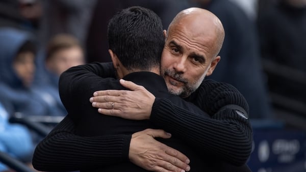 Manchester City manager Pep Guardiola greets Arsenal manager Mikel Arteta before the Premier League match between Manchester City FC and Arsenal FC at Etihad Stadium on September 22, 2024 in Manchester, England.