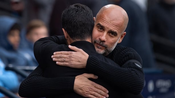 Manchester City manager Pep Guardiola greets Arsenal manager Mikel Arteta before the Premier League match between Manchester City FC and Arsenal FC at Etihad Stadium on September 22, 2024 in Manchester, England. 