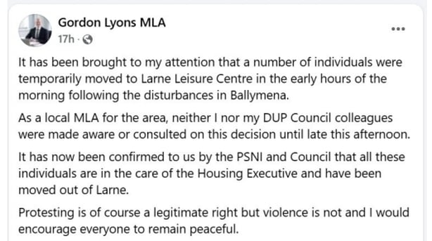 A social media post by Gordon Lyons during the riots in Ballymena and Larne