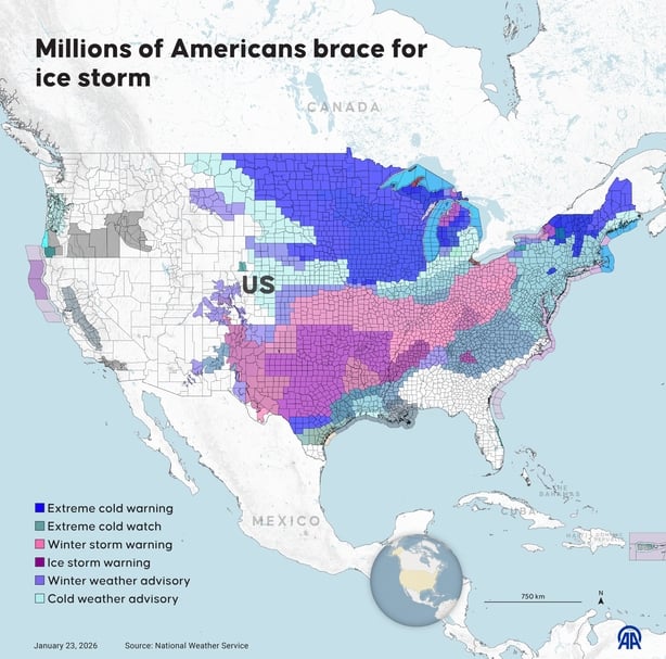 An infographic outlining the severity of storm warnings across the US