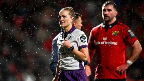 23 January 2026; Referee Hollie Davidson reviews a TMO decision on the big screen after Dragons scored a third try which was subsequently disallowed during the United Rugby Championship match between Munster and Dragons at Virgin Media Park in Cork. Photo by Tyler Miller/Sportsfile