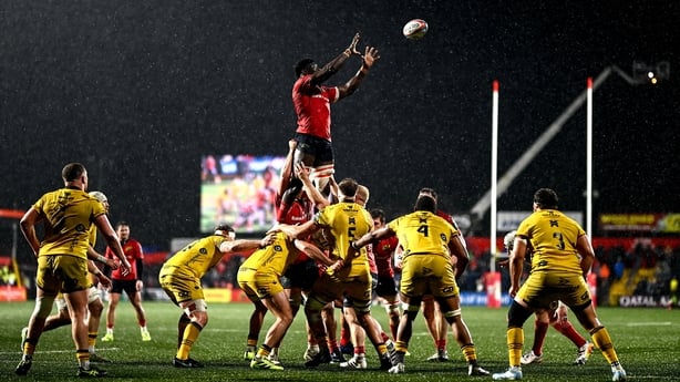 23 January 2026; Sean Edogdo of Munster wins possession in a lineout during the United Rugby Championship match between Munster and Dragons at Virgin Media Park in Cork. Photo by Ben McShane/Sportsfile