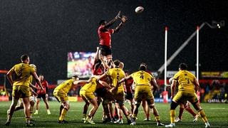 23 January 2026; Sean Edogdo of Munster wins possession in a lineout during the United Rugby Championship match between Munster and Dragons at Virgin Media Park in Cork. Photo by Ben McShane/Sportsfile
