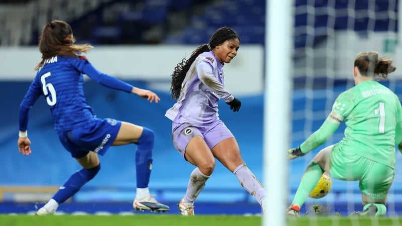 Republic of Ireland and Everton goalkeeper Courtney Brosnan makes a save from Brighton's Madison Haley