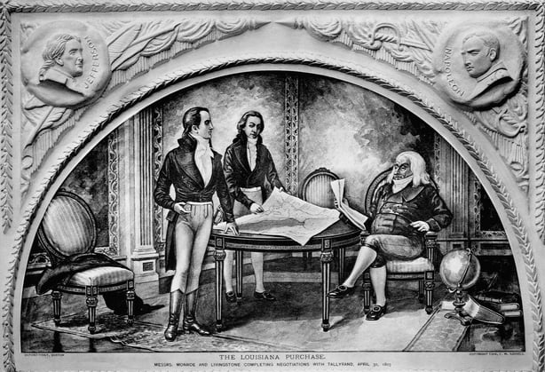 James Monroe and Robert R. Livingston, representing the United States, finish discussion of the Louisiana Purchase with France's Minister Talleyrand. The purchase more than doubled the size of the US. The frame around the print shows relief portraits of the Emperor Napoleon and Thomas Jefferson, the