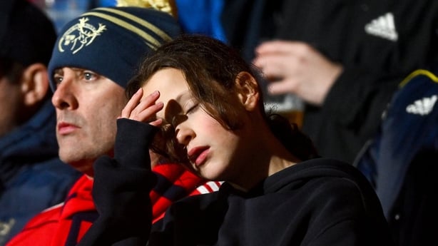 23 January 2026; A young Munster supporter reacts during the United Rugby Championship match between Munster and Dragons at Virgin Media Park in Cork. Photo by Tyler Miller/Sportsfile