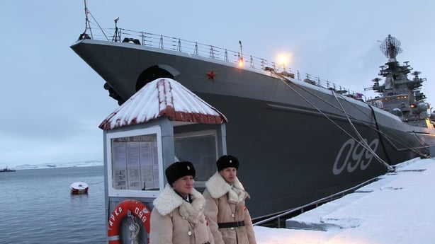The heavy nuclear-powered missile cruiser Pyotr Veliky is seen at the Russian Northern Fleet's base IN 2013 in Severomorsk, Russia.