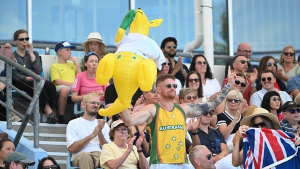 Superfan, James Bray, known for Raddo chant watches Emma Raducanu of Great Britain against Anastasia Potapova of Austria in the Women's Singles Second Round during day four of the 2026 Australian Open at Melbourne Park on January 21, 2026 in Melbourne, Au