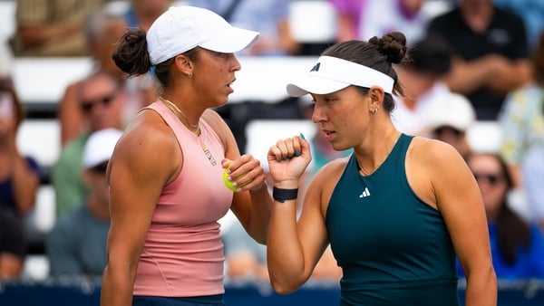 Madison Keys of the United States and Jessica Pegula of the United States in action against Peyton Stearns of the United States and Marketa Vondrousova of the Czech Republic in the first round of doubles of the National Bank Open at Stade IGA on July 31,