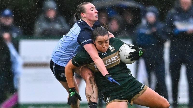 24 January 2026; Danielle O'Leary of Kerry is tackled by Hannah Leahy of Dublin during the Lidl Ladies National Football League Division 1 Round 1 match between Dublin and Kerry at Phairc Jysk in Dublin. Photo by Tyler Miller/Sportsfile