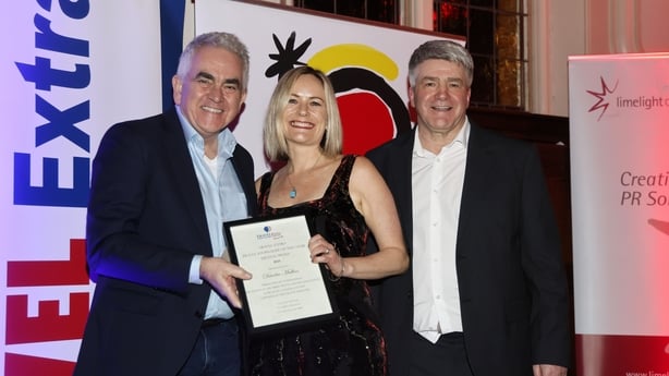 Deirdre Mullins with sponsor Paul Hackett of Click&amp;Go Holidays and Travel Extra's Eoghan Corry and at the Travel Extra Awards 