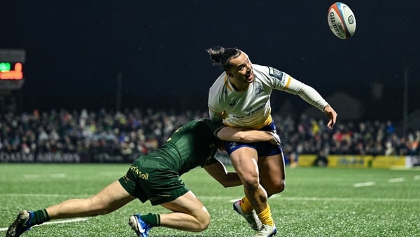 24 January 2026; James Lowe of Leinster is tackled by Shane Jennings of Connacht during the United Rugby Championship match between Connacht and Leinster at Dexcom Stadium in Galway. Photo by Brendan Moran/Sportsfile