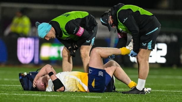 24 January 2026; Jack Boyle of Leinster receives medical treatment before leaving the pitch with an injury during the United Rugby Championship match between Connacht and Leinster at Dexcom Stadium in Galway. Photo by Brendan Moran/Sportsfile