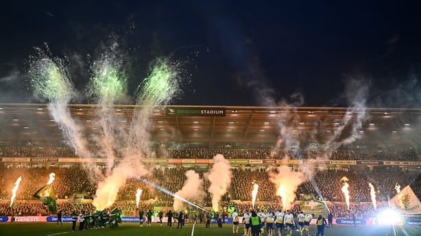 24 January 2026; Players from both sides make their way on the pitch before the United Rugby Championship match between Connacht and Leinster at Dexcom Stadium in Galway. Photo by Sam Barnes/Sportsfile