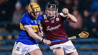 24 January 2026; Darragh Neary of Galway tackled by Conor Stakelum of Tipperary during the Allianz Hurling League Division 1A match between Tipperary and Galway at FBD Semple Stadium in Thurles, Tipperary. Photo by Ben McShane/Sportsfile