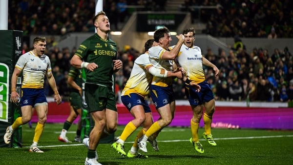 24 January 2026; Charlie Tector of Leinster, centre, celebrates with teammates Andrew Sparrow, left, and Luke McGrath after scoring their side's third try during the United Rugby Championship match between Connacht and Leinster at Dexcom Stadium in Galway