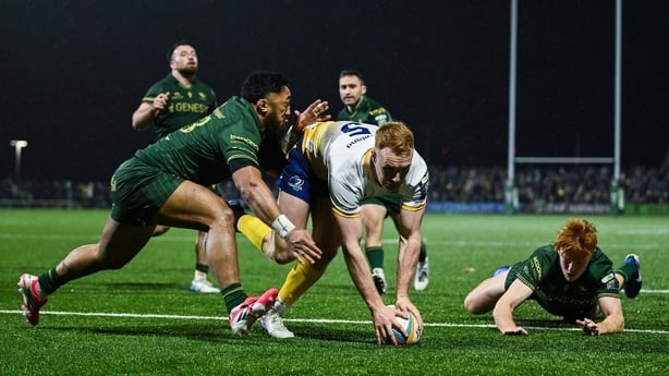 24 January 2026; Ciarán Frawley of Leinster scores a try despite the efforts of Bundee Aki of Connacht during the United Rugby Championship match between Connacht and Leinster at Dexcom Stadium in Galway. Photo by Brendan Moran/Sportsfile
