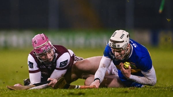 Tipperary , Ireland - 24 January 2026; Oisin O'Donoghue of Tipperary in action against Cillian Trayers of Galway during the Allianz Hurling League Division 1A match between Tipperary and Galway at FBD Semple Stadium in Thurles, Tipperary. (Photo By Ben Mc