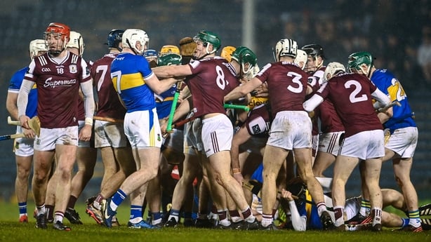 Tipperary , Ireland - 24 January 2026; Players of both sides tussle the Allianz Hurling League Division 1A match between Tipperary and Galway at FBD Semple Stadium in Thurles, Tipperary. (Photo By Ben McShane/Sportsfile via Getty Images)