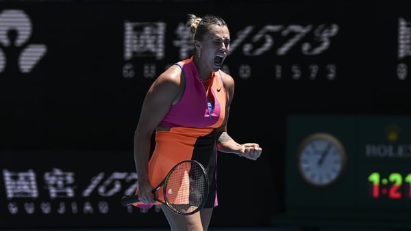 MELBOURNE, AUSTRALIA - JANUARY 25: Aryna Sabalenka reaction after scoring a point during the tie break against Victoria Mboko (CAN) (not seen) during round 4 at the Australian Open grand slam tennis tournament at Melbourne Park in Melbourne, Australia on