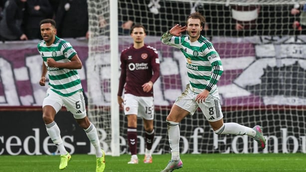Celtic's Benjamin Nygren celebrates as he scores to make it 1-0 during a William Hill Premiership match between Heart of Midlothian and Celtic at Tynecastle Park, on January 25, 2026, in Edinburgh, Scotland.