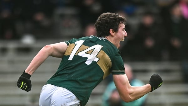 25 January 2026; Tomás Kennedy of Kerry celebrates after scoring his side's first goal during the Allianz Football League Division 1 match between Kerry and Roscommon at Fitzgerald Stadium in Killarney, Kerry. Photo by Tyler Miller/Sportsfile