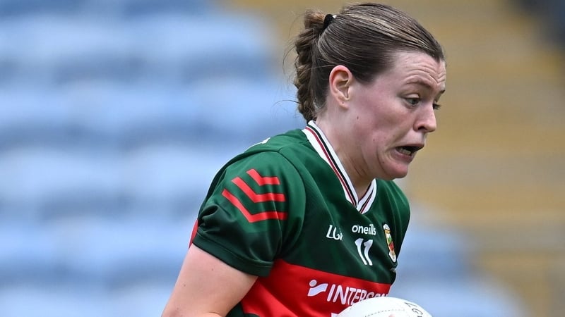 Sinéad Walsh of Mayo in action against Cork goalkeeper Sarah Murphy during the TG4 All-Ireland Ladies Football Senior Championship Group 2 match between Mayo and Cork at Hastings Insurance MacHale Park in Castlebar, Mayo.