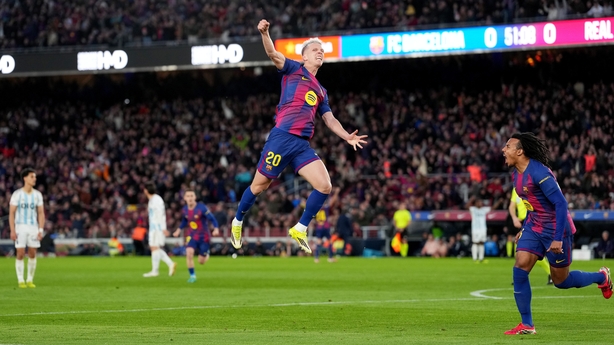 BARCELONA, SPAIN - JANUARY 25: Dani Olmo of FC Barcelona celebrates scoring his team's first goal during the LaLiga EA Sports match between FC Barcelona and Real Oviedo at Spotify Camp Nou on January 25, 2026 in Barcelona, Spain. (Photo by Alex Caparros/Getty Images)