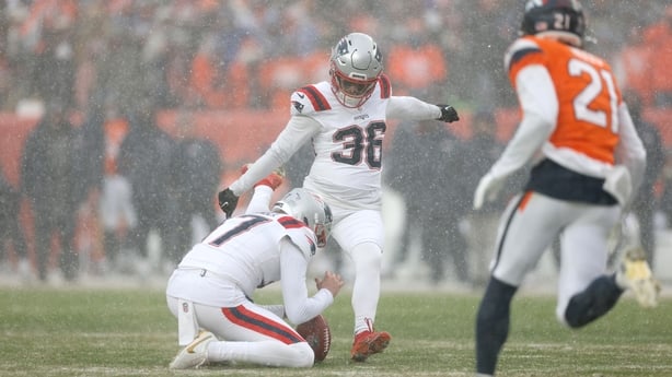 Andy Borregales #36 of the New England Patriots misses a field goal during the third quarter in the AFC Championship Playoff game against the Denver Broncos at Empower Field At Mile High on January 25, 2026 in Denver, Colorado.