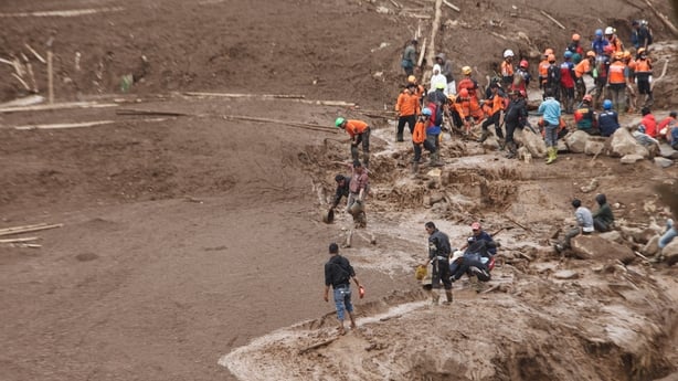 A search and rescue operation at the landslide site in Pasirlangu village, Bandung Regency, West Java province