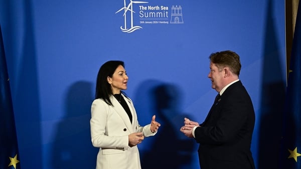 German Economy and Energy Minister Katherina Reiche welcomes Darragh O'Brien at North Sea Summit on January 26, 2026 in Hamburg