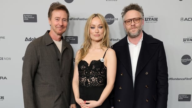(L-R) Edward Norton, Olivia Wilde, and Seth Rogen attend The Invite premiere during the 2026 Sundance Film Festival at Eccles Center Theater in Park City, Utah, on 24 January, 2026