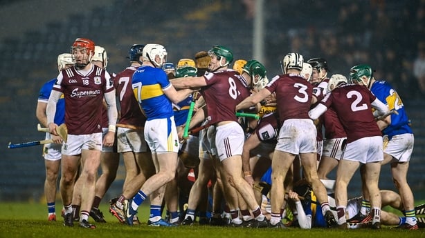 24 January 2026; Players of both sides tussle the Allianz Hurling League Division 1A match between Tipperary and Galway at FBD Semple Stadium in Thurles, Tipperary. Photo by Ben McShane/Sportsfile