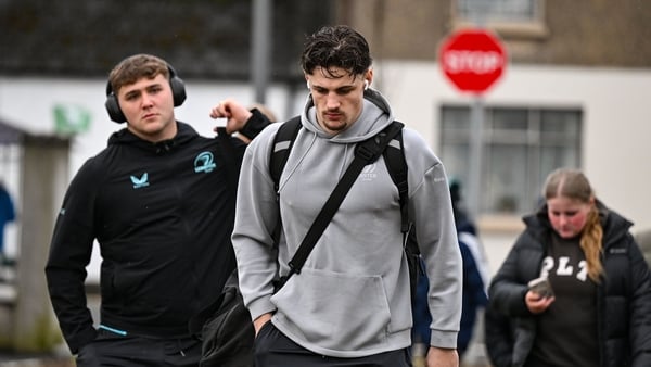 Andrew Sparrow, left, and Joshua Kenny of Leinster arrive before the United Rugby Championship match between Connacht and Leinster at Dexcom Stadium in Galway.