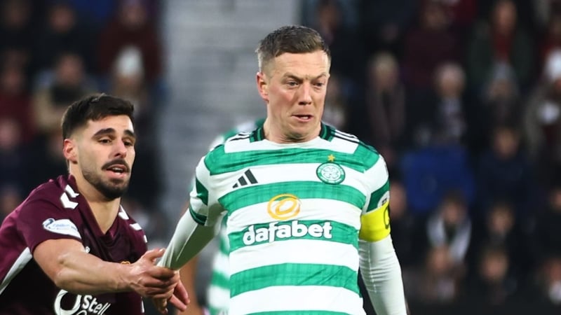 EDINBURGH, SCOTLAND - JANUARY 25: Cláudio Braga of Heart of Midlothian and Callum McGregor of Celtic during the William Hill Premiership match between Heart of Midlothian and Celtic at Tynecastle Park on January 25, 2026 in Edinburgh, Scotland. (Photo by