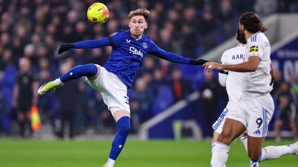 James Garner of Everton has a shot during the Premier League match between Everton and Leeds United at Hill Dickinson Stadium on January 26, 2026 in Liverpool, England.