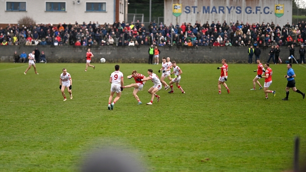 4 February 2024; Ciaran Keenan of Louth kicks a point during the Allianz Football League Division 2 match between Louth and Cork at DEFY Páirc Mhuire in Ardee, Louth. Photo by Ben McShane/Sportsfile