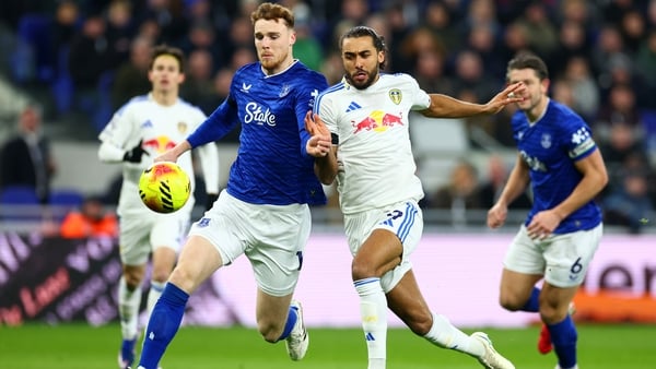Jake O'Brien of Everton in action with Dominic Calvert-Lewin of Leeds United during the Premier League match between Everton and Leeds United at Hill Dickinson Stadium on January 26, 2026 in Liverpool, England.