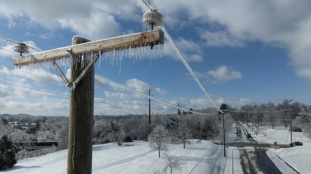 Ice accumulated on utility lines in Nashville, Tennessee.