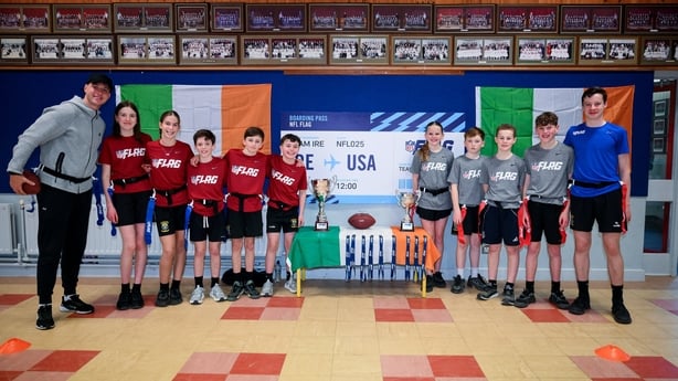 22 January 2026; Members of the U13 Flag Football team from St. Marnock's National School in Portmarnock, Co Dublin, with Irish NFL Kicker for the New Orleans Saints, Charlie Smyth. The team will be representing Ireland at the 2026 NFL Flag U13 International Championship being held during Pro Bowl W